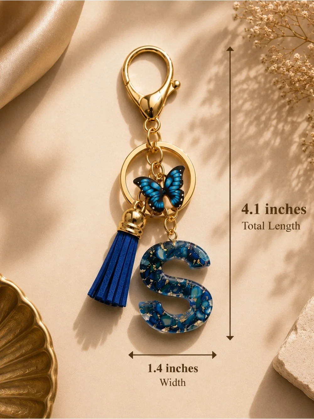 Monogram 'S' Blue Butterfly Tassel Keychain NWOT